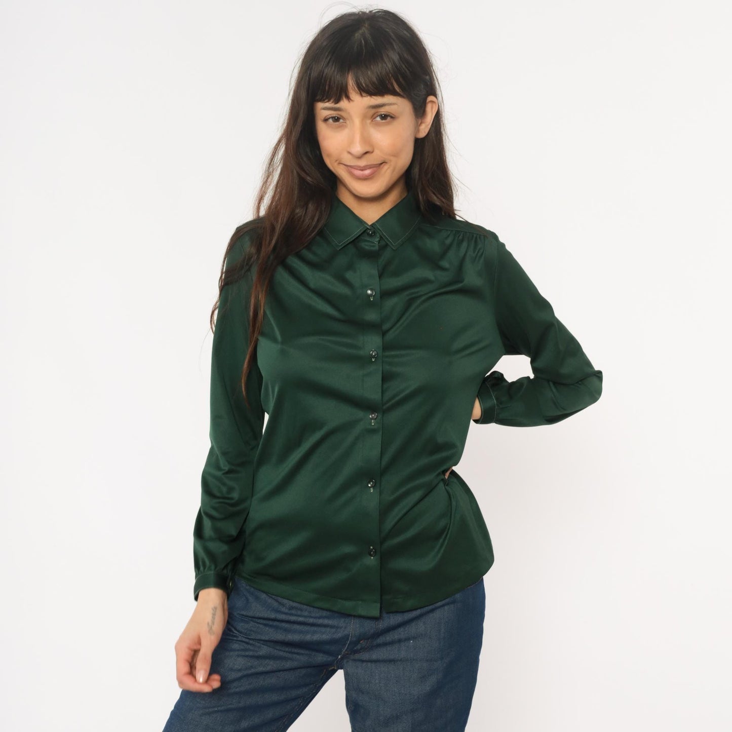 70s Forest Green Button-Front Blouse Long Sleeve Pointed Collar Medium M