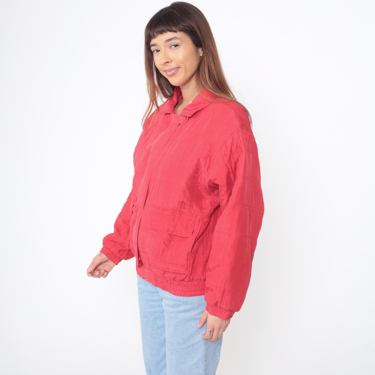 90s Javon Red Silk Bomber Jacket Quilted Zip Front Medium M