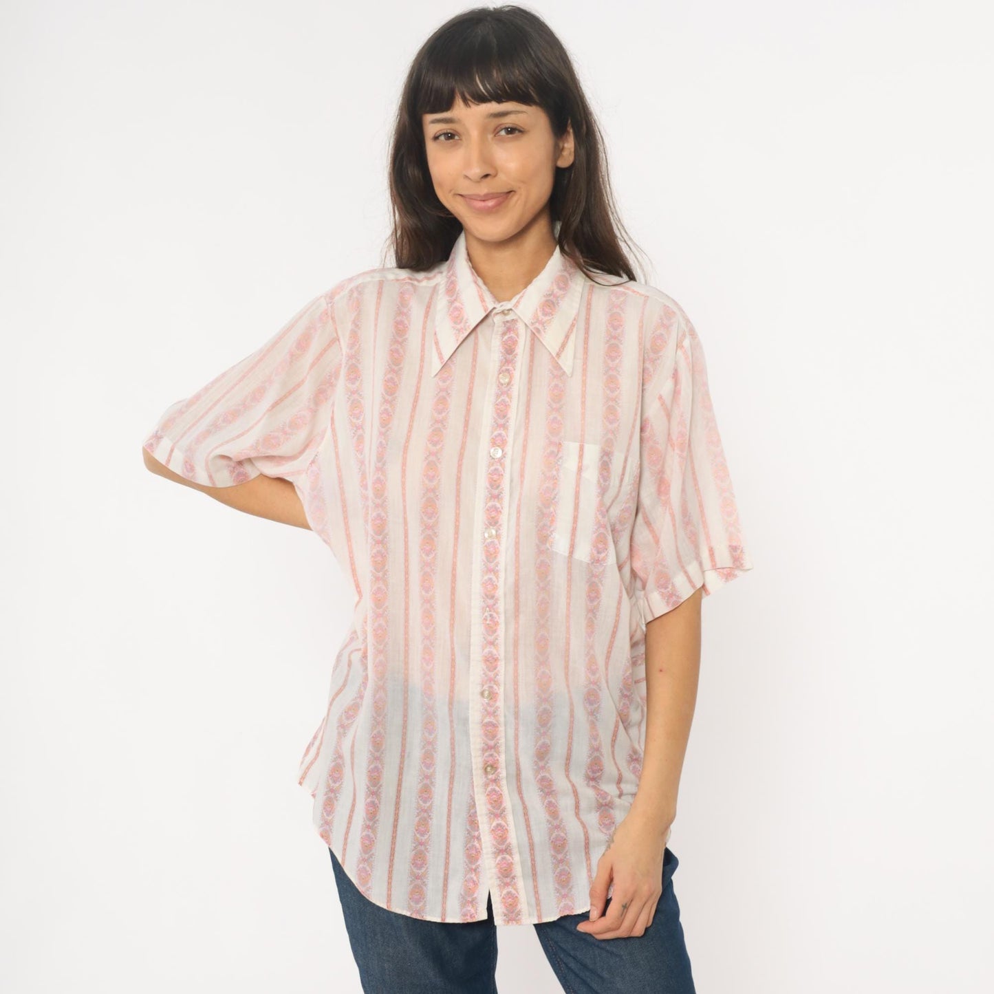 70s Campus Pink Striped Paisley Button-Down Blouse Pointed Collar Large L