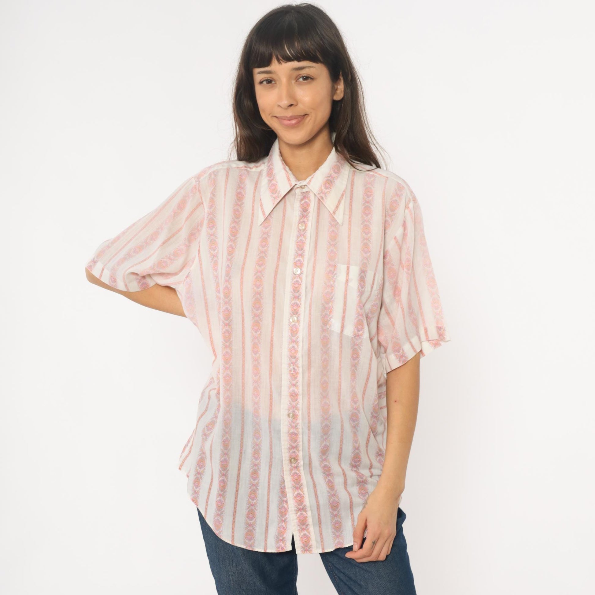 70s Campus Pink Striped Paisley Button-Down Blouse Pointed Collar Large L