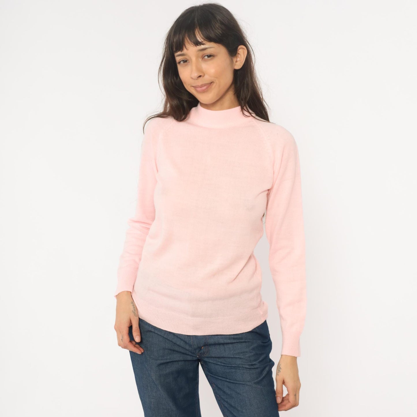 70s Pink Mock Neck Sweater Acrylic Knit Ribbed Cuffs Back Zip Small S