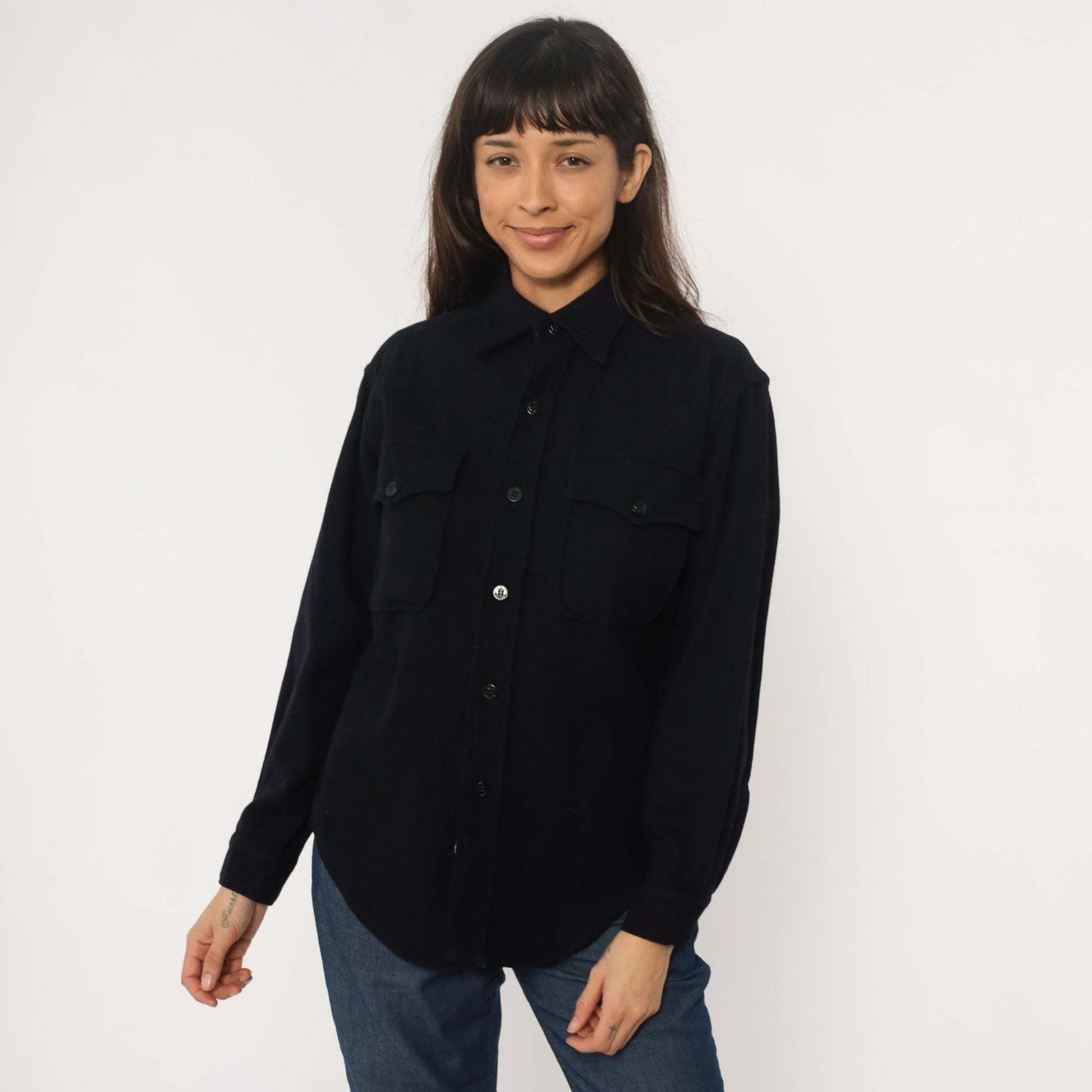 70s Dark Blue Wool CPO Shirt Button Front Pointed Collar Large