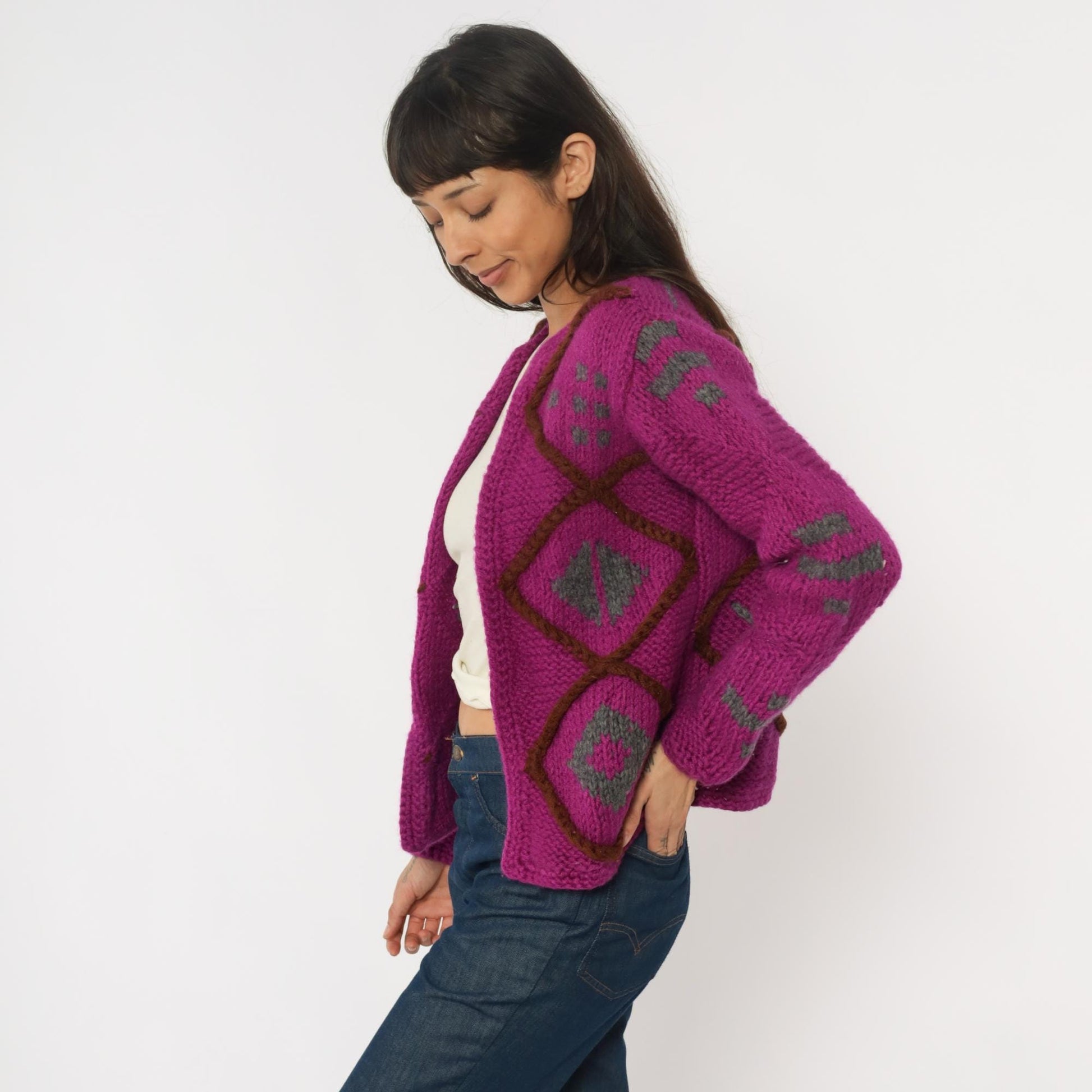 90s Purple Argyle Cardigan Wool Blend Chunky Knit Diamond Pattern Small