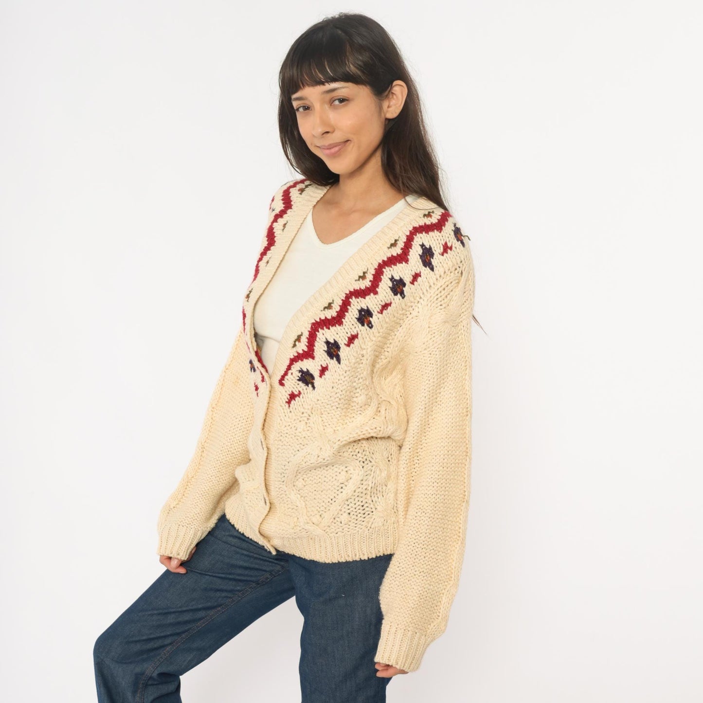 90s Fair Isle Cardigan Cream Cable Knit Button Front Nordic Pattern Medium M