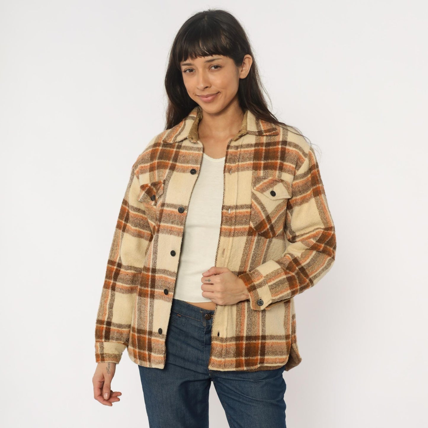 70s Briarcliff Plaid Flannel Shirt Cream Brown Cotton Blend Lined Medium