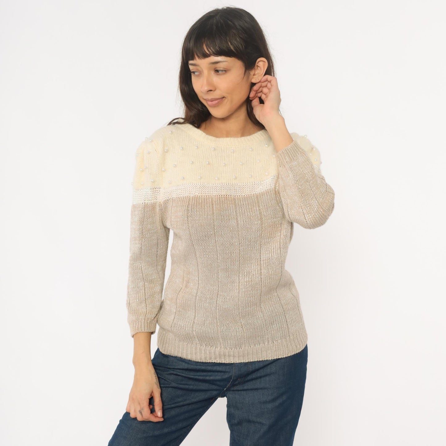 80s Lloyd Williams Beaded Colorblock Sweater Cream Beige Pearl Large