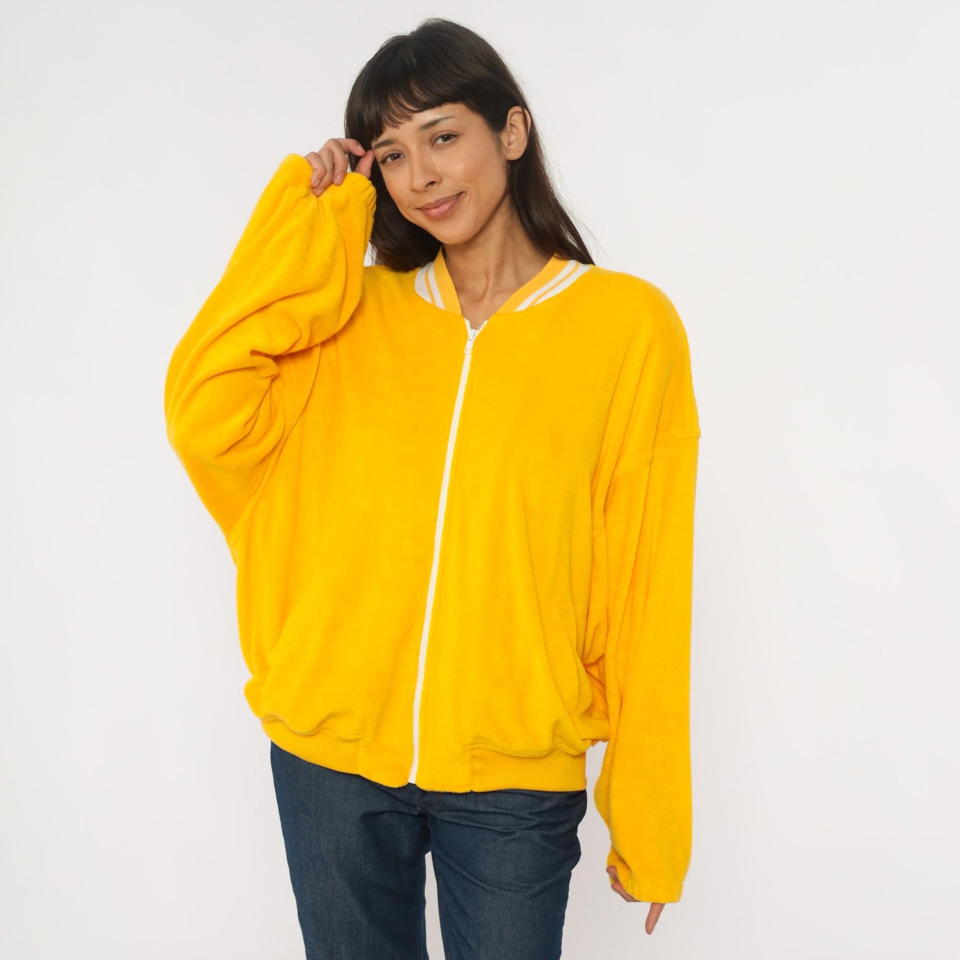 80s CA Sport Terrycloth Zip Jacket Compass Embroidered Yellow Plus Size XXL