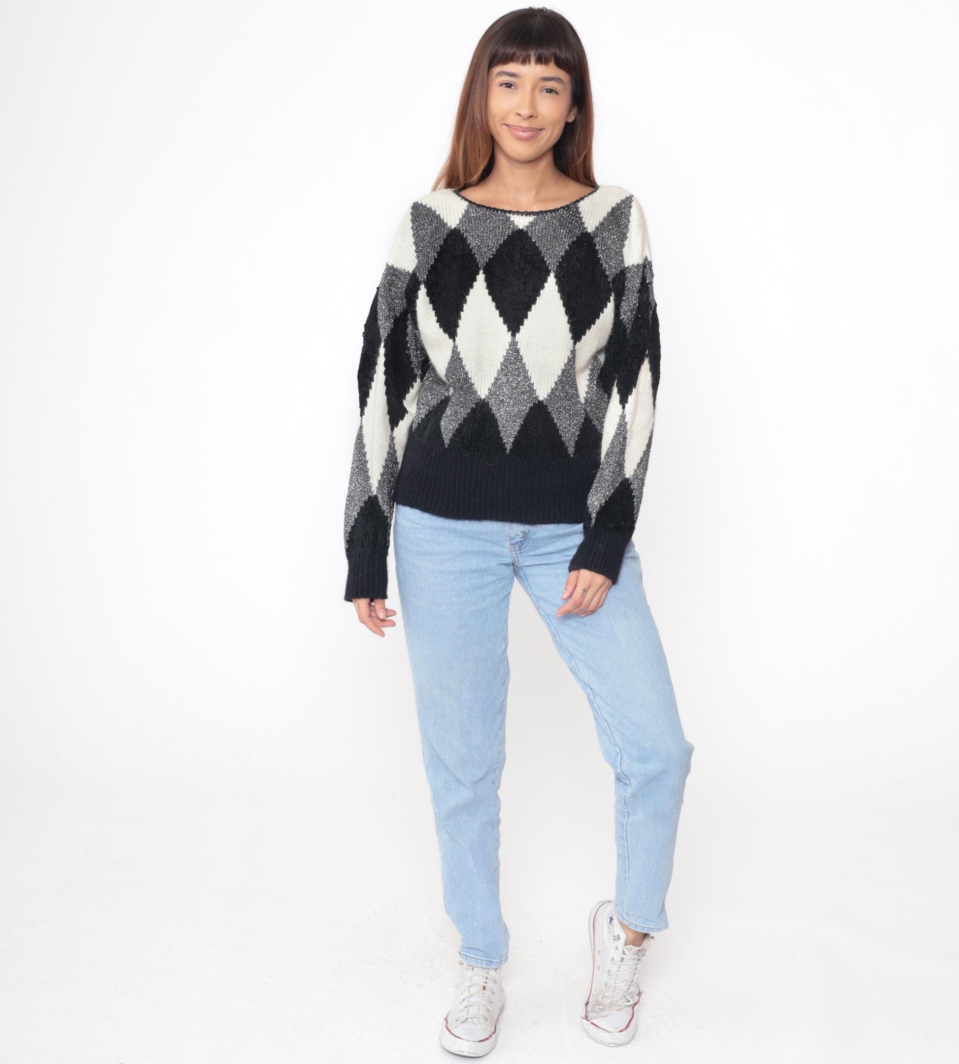 80s Liz Claiborne Diamond Harlequin Sweater Black White Metallic Medium