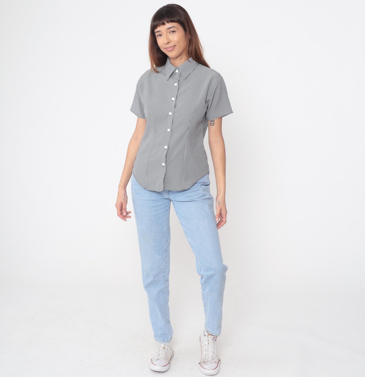 90s Black White Gingham Button-Up Shirt Short Sleeve Collared Blouse Large
