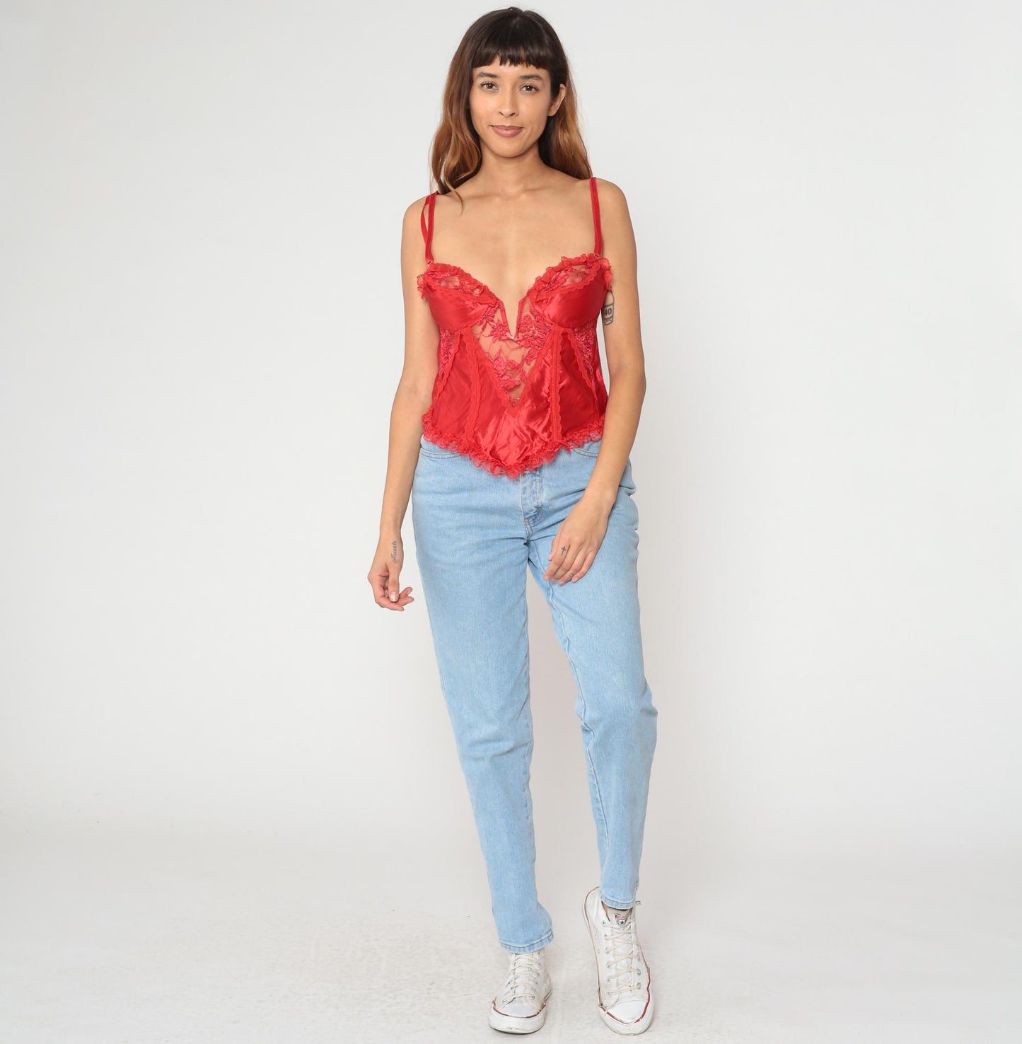 90s Fredericks of Hollywood Red Lace Camisole V-Neck Spaghetti Strap Medium
