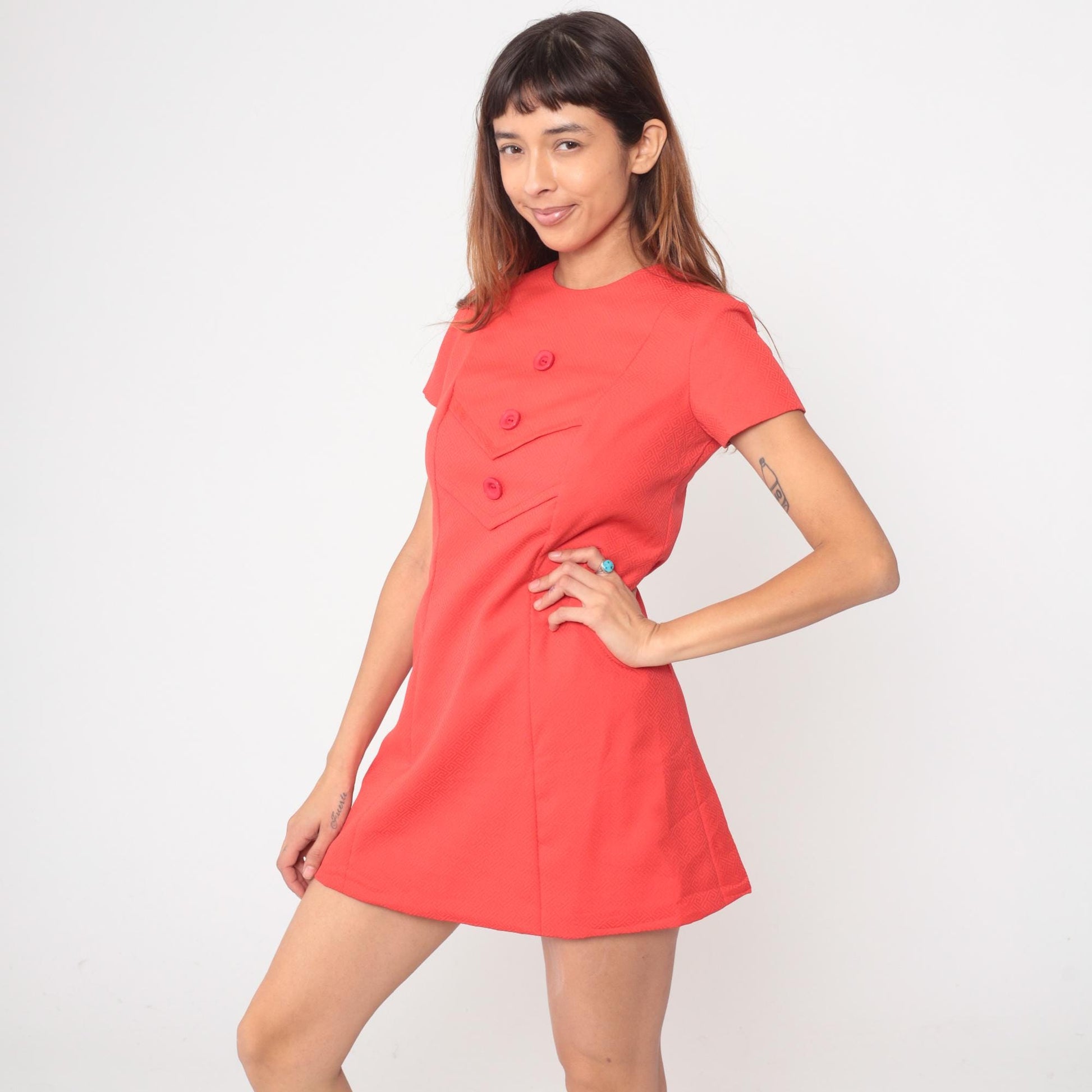 60s Coral Mod Mini Dress Shift A-Line Chevron Short Sleeve Small S