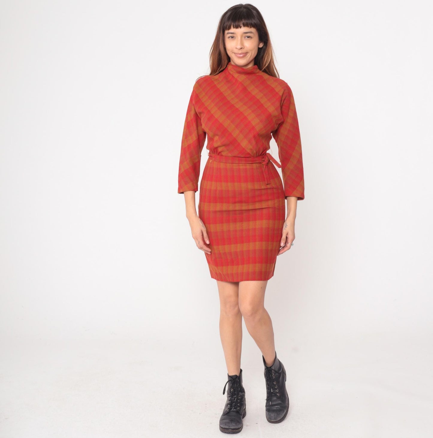 60s Mr Mort Plaid Wool Dress Red Orange Buffalo Check Mock Neck Tie Waist Extra Small
