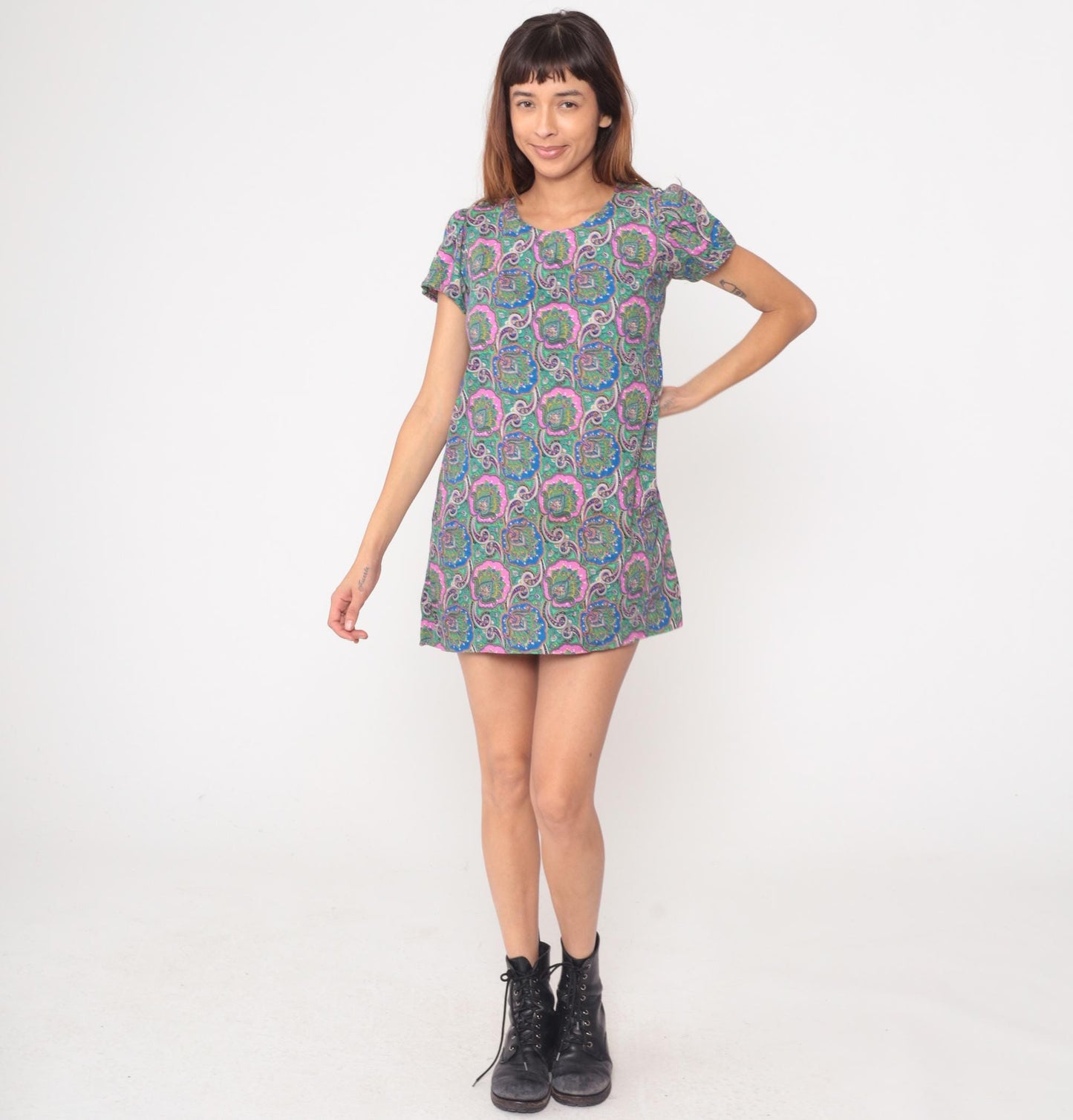 60s Psychedelic Paisley Mini Shift Dress Multicolor Cotton Small S