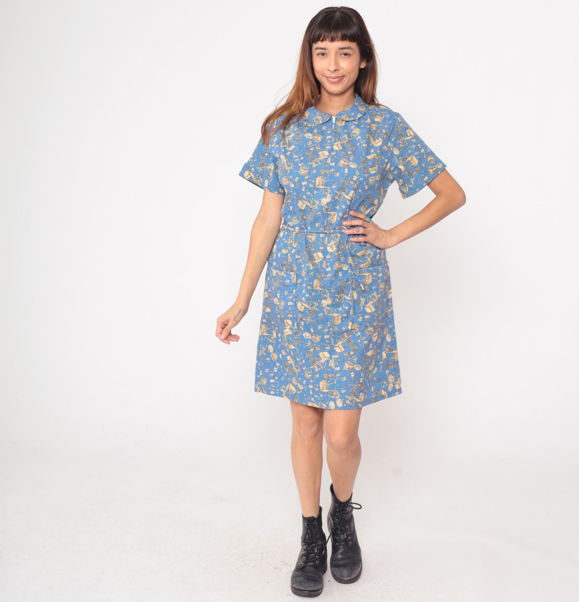 90s Zip n Dash Sewing Print Dress Blue Novelty Knee Length Medium