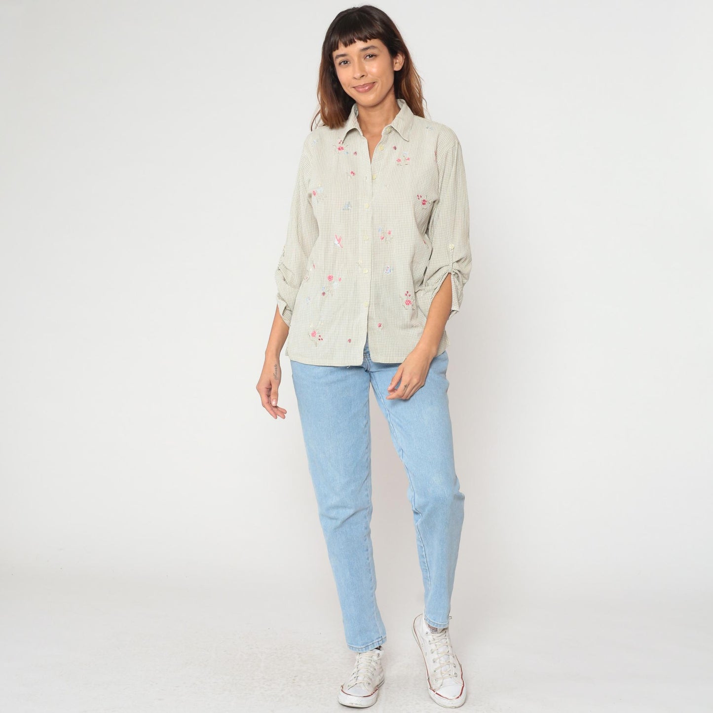 90s Koret Francisca Gingham Floral Embroidered Cotton Blouse Sage Green Small