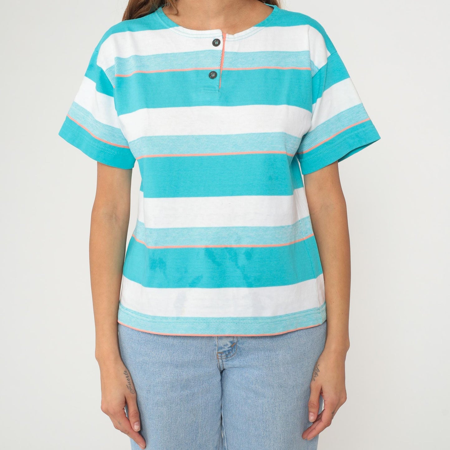 90s Aileen Striped Cotton Shirt Turquoise White Short Sleeve Small