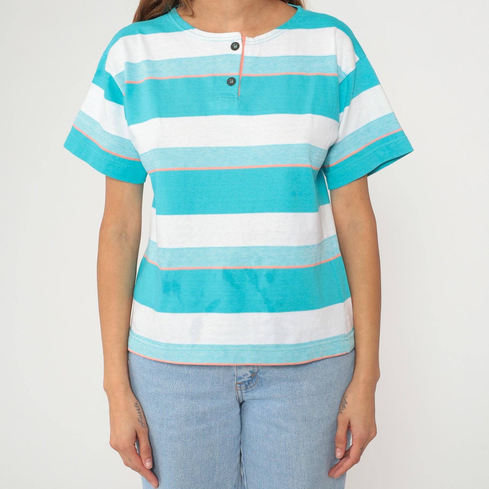 90s Aileen Striped Cotton Shirt Turquoise White Short Sleeve Small