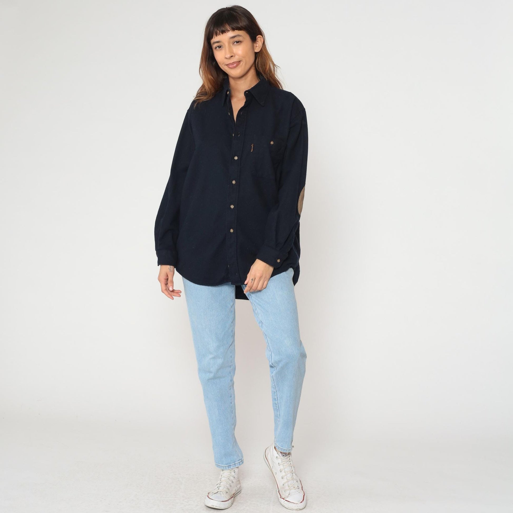 Y2K Pendleton Wool Shirt Navy Blue Suede Elbow Patches Collared Large L