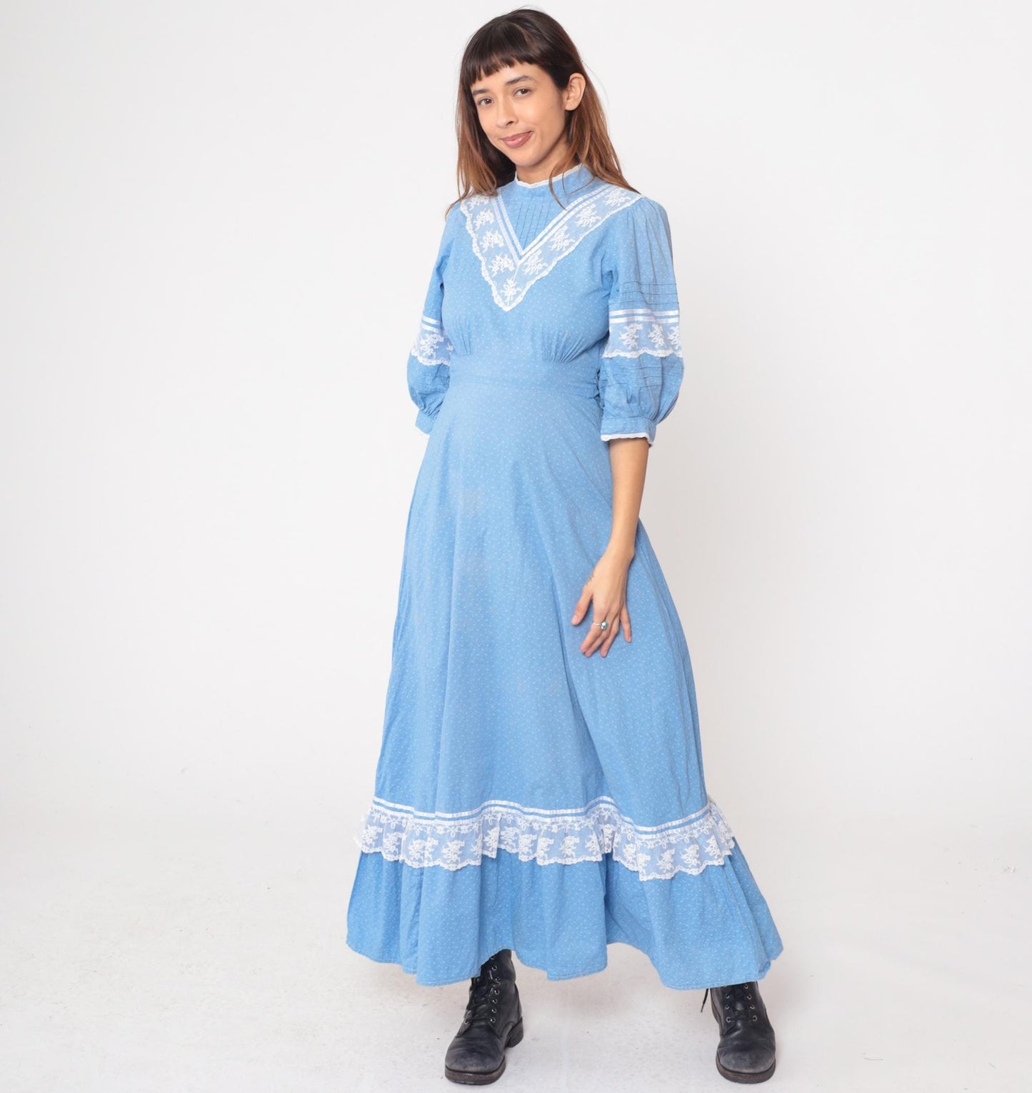 70s Light Blue Prairie Maxi Dress White Lace Trim Puff Sleeves Small