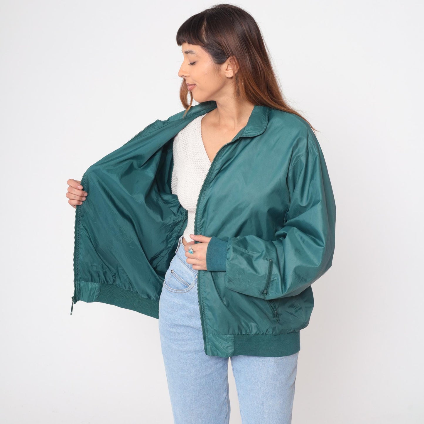 90s Izod Club Teal Windbreaker Jacket Nylon Zip Ribbed Collar Large L