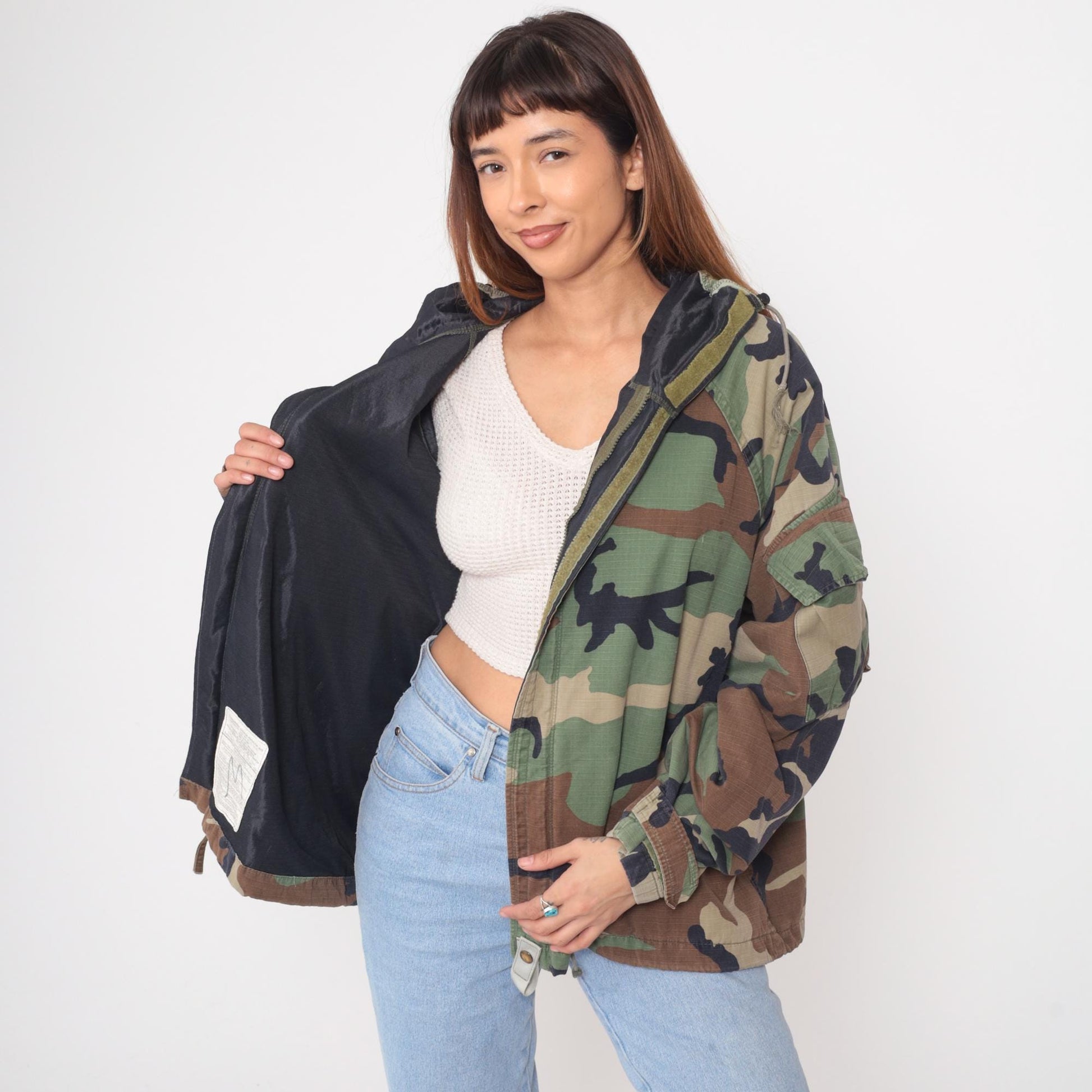 90s Woodland Camo Military Jacket Zip Hood Army Green Medium