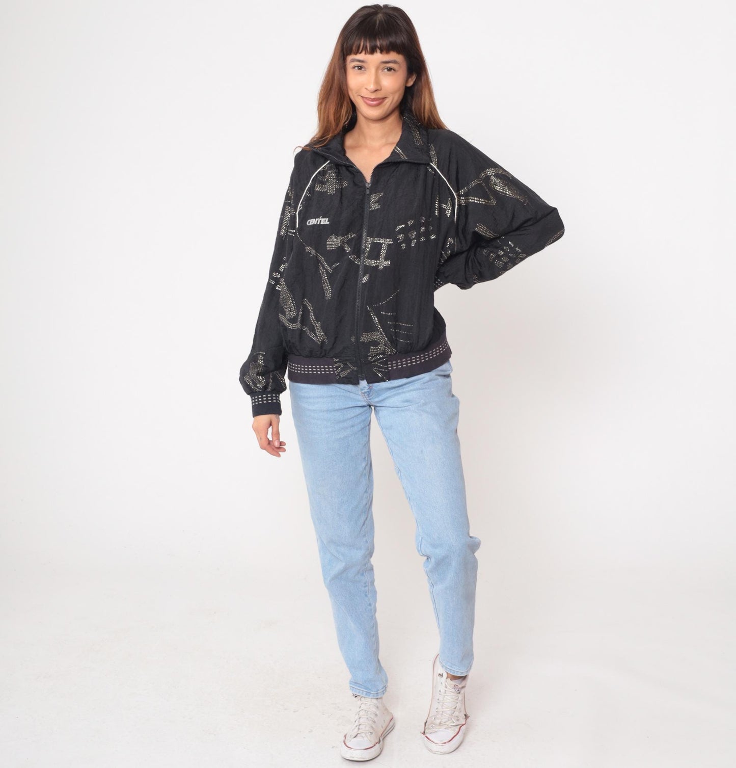 90s Lily's of Beverly Hills Black Glitter Nylon Track Jacket Extra Large XL