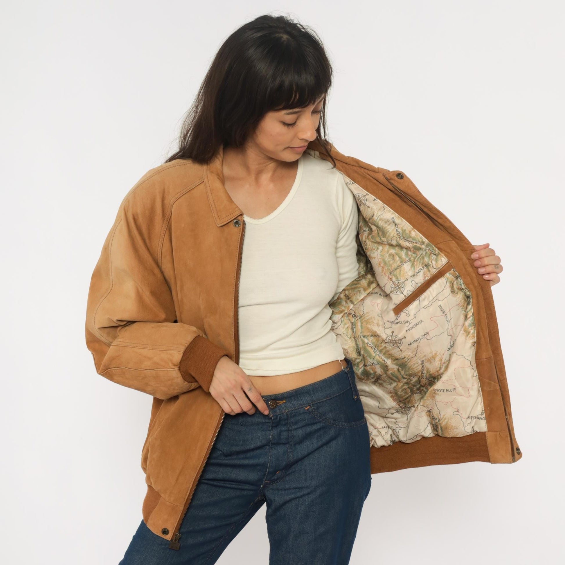 90s Marlboro Leather Bomber Jacket Tan Raglan Zip Front Map Lining Extra Large