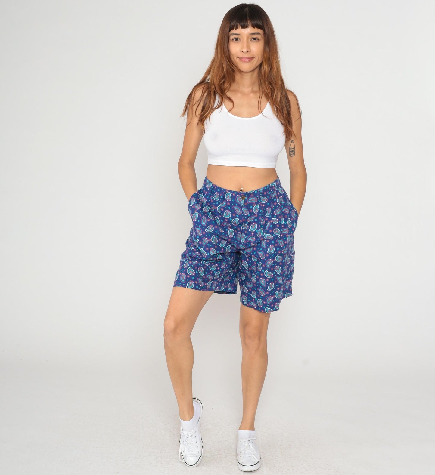 90s Liz Sport Paisley Shorts High Waisted Cotton Navy Medium