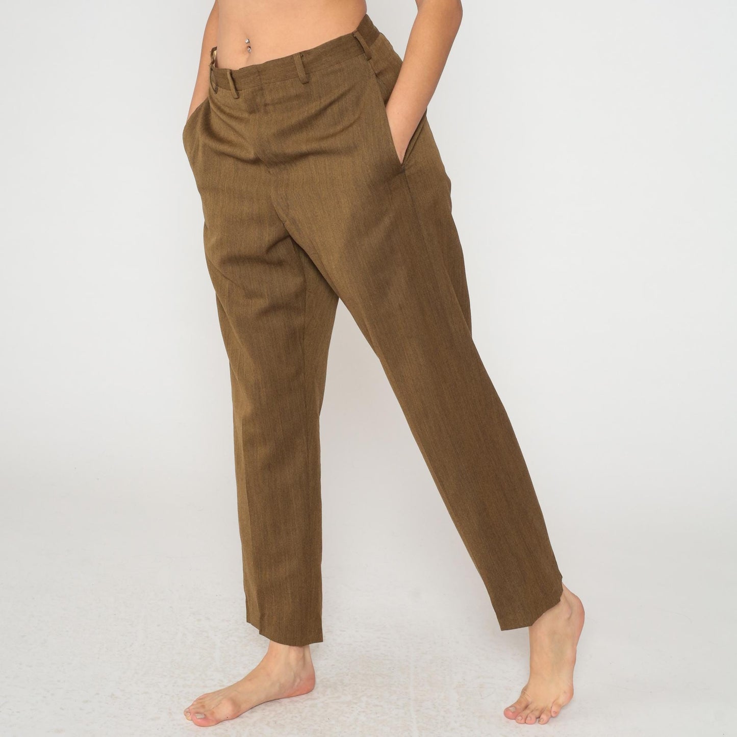 60s Brown High-Waist Straight-Leg Trousers Flat Front Tailored Medium