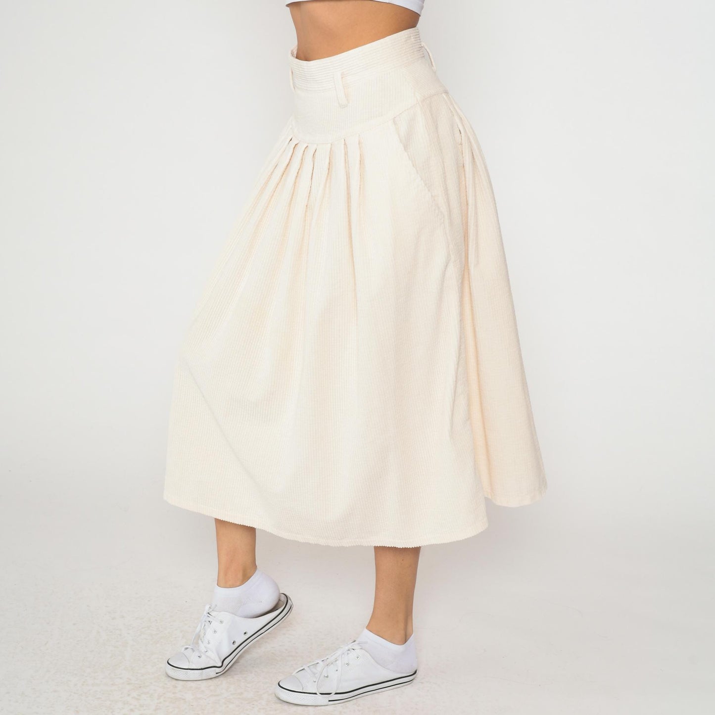 90s Boundary Waters Cream Corduroy Pleated Skirt High Waist Knee Length Large