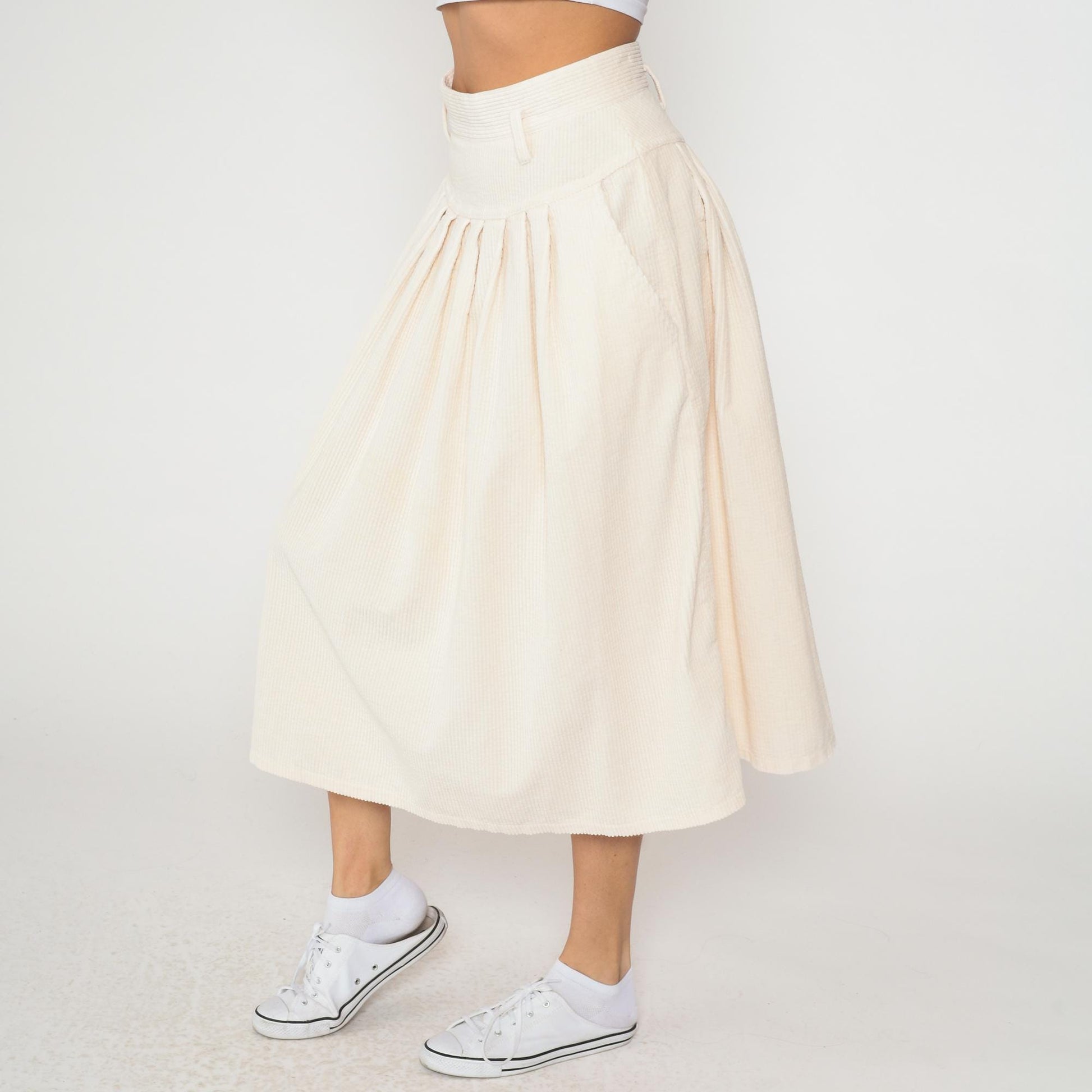 90s Boundary Waters Cream Corduroy Pleated Skirt High Waist Knee Length Large