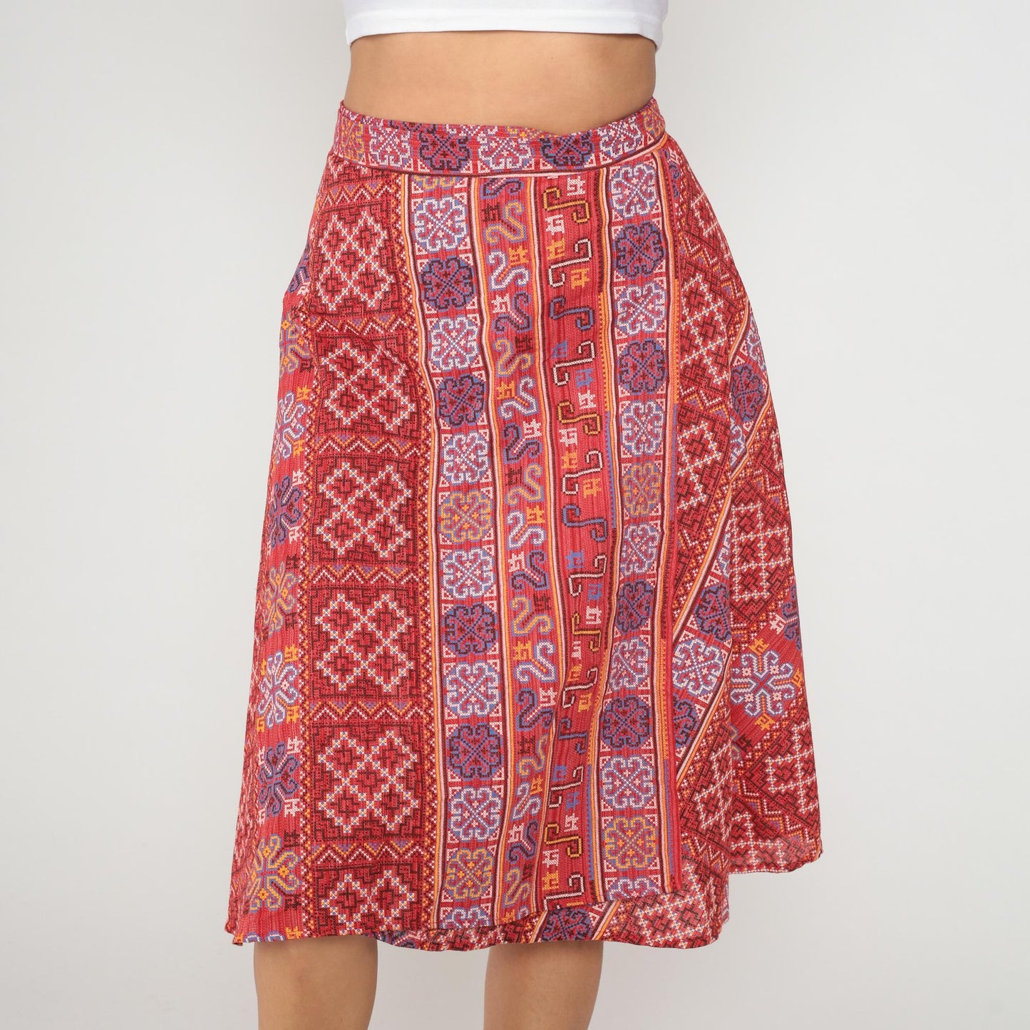 70s Paisley Wrap Skirt Coral Red Ethnic Geometric Print Knee Length Medium