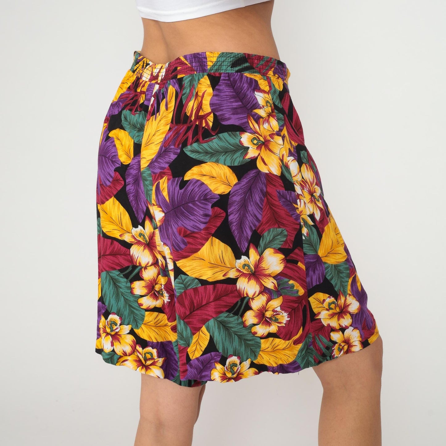 90s Sag Harbor Tropical Hibiscus Shorts High Waisted Wide Leg Purple Yellow Large