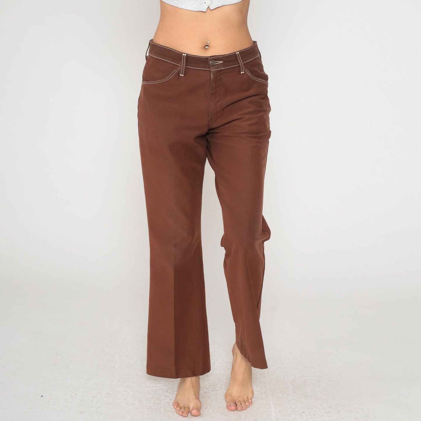 70s Farah Brown Flare Pants White Contrast Stitching Low Rise Medium