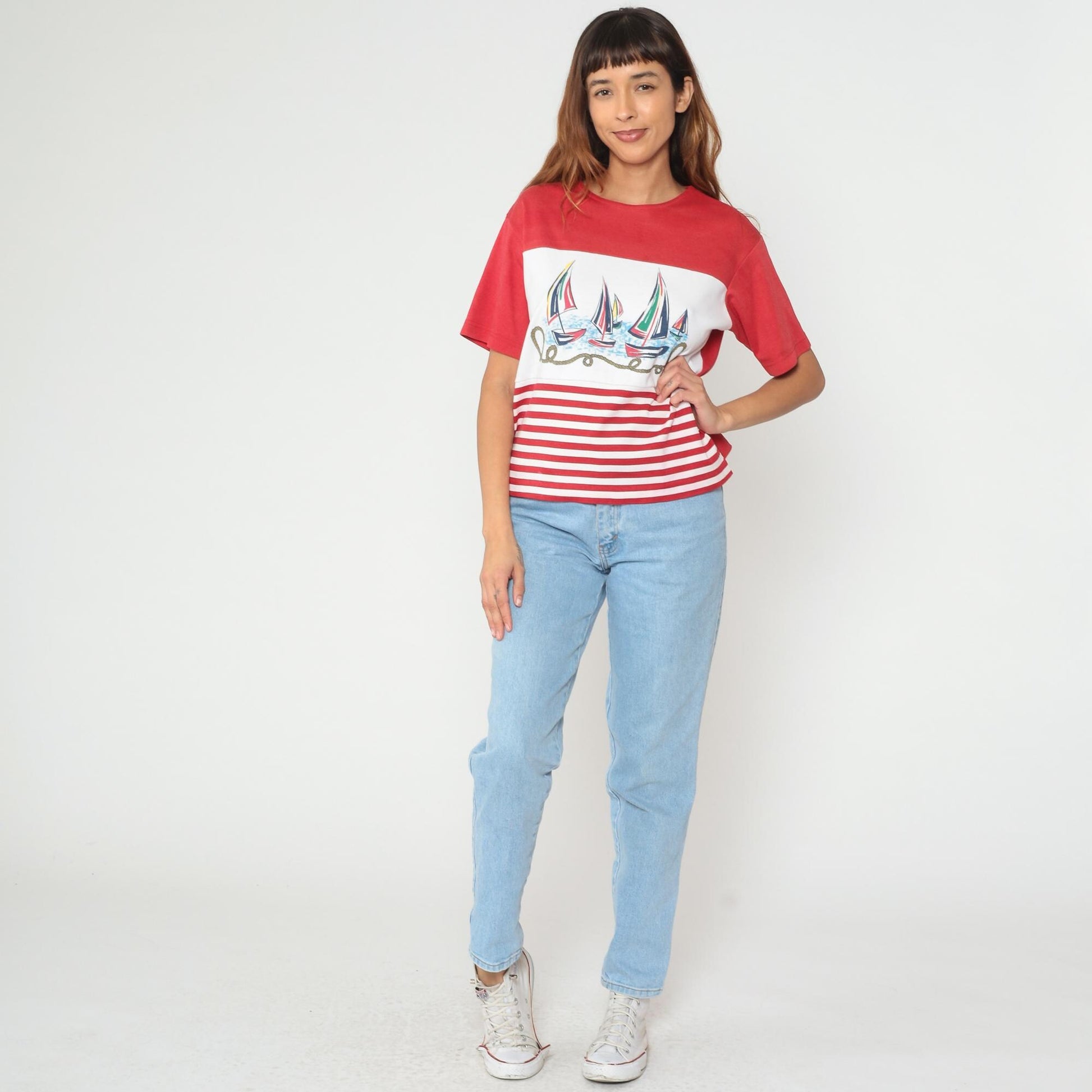 90s Sailboat Nautical Red White Striped Cotton Graphic Tee Large L