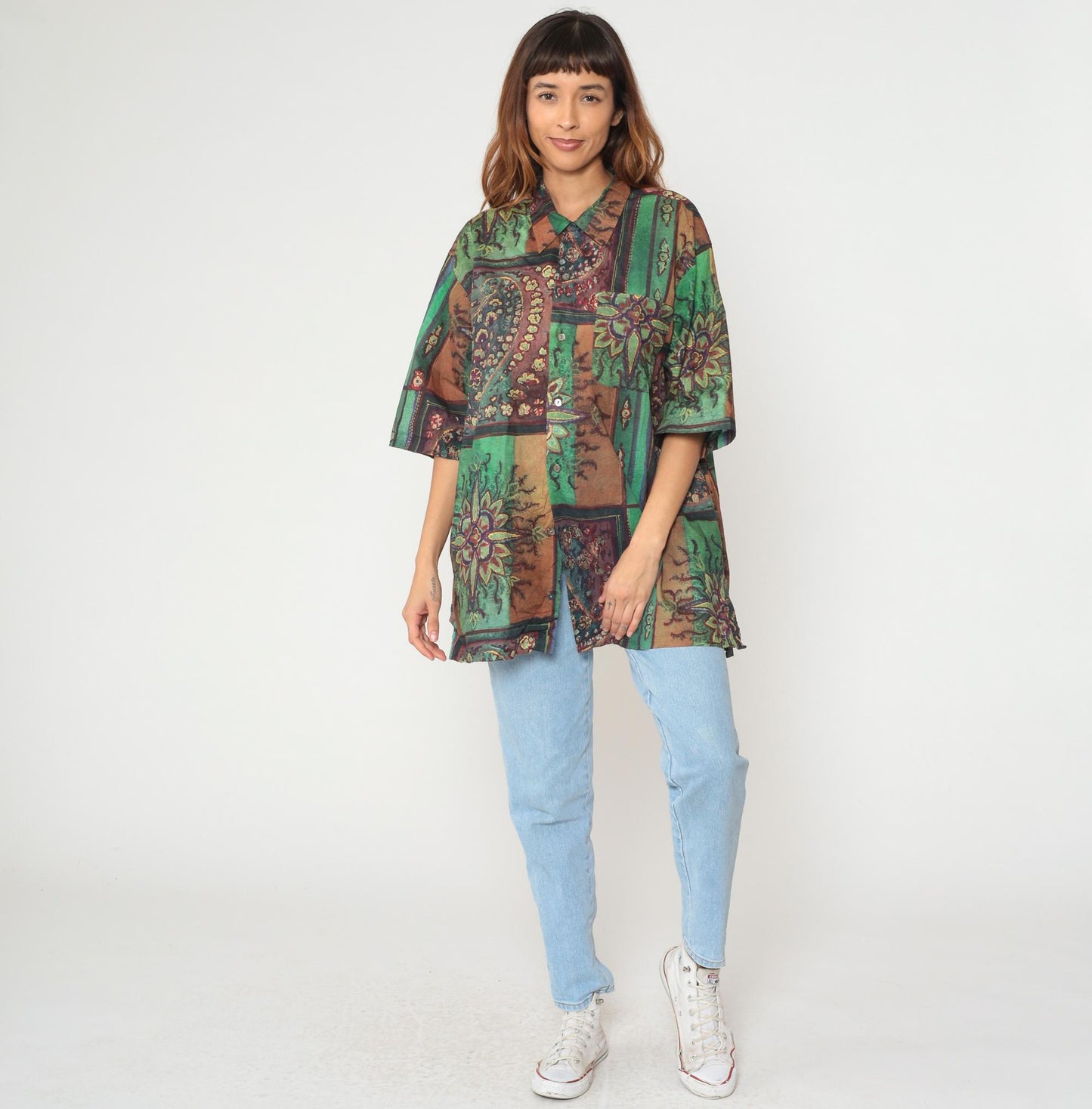90s Barry Bricken Patchwork Floral Button Shirt Cotton Tunic Extra Large XL