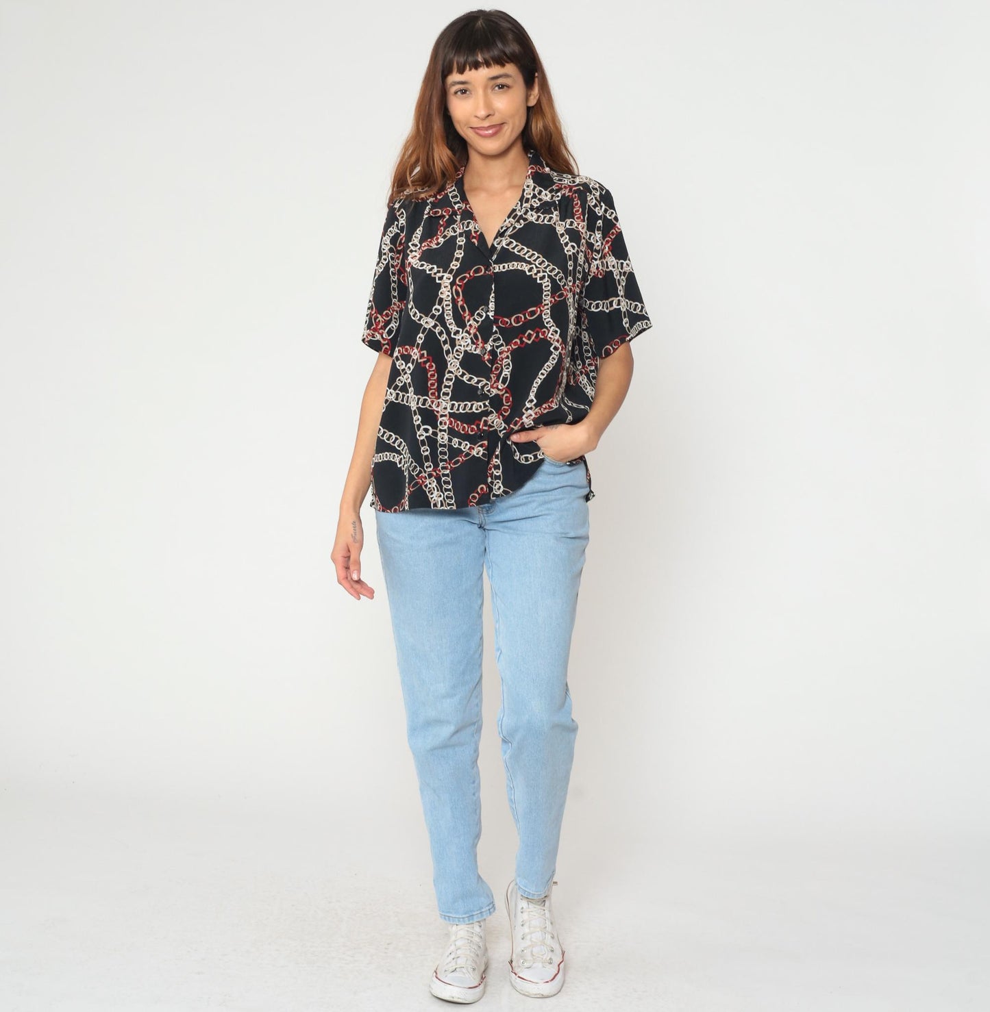 90s Donnkenny Chain Link Print Blouse Black White Red Short Sleeve Large L