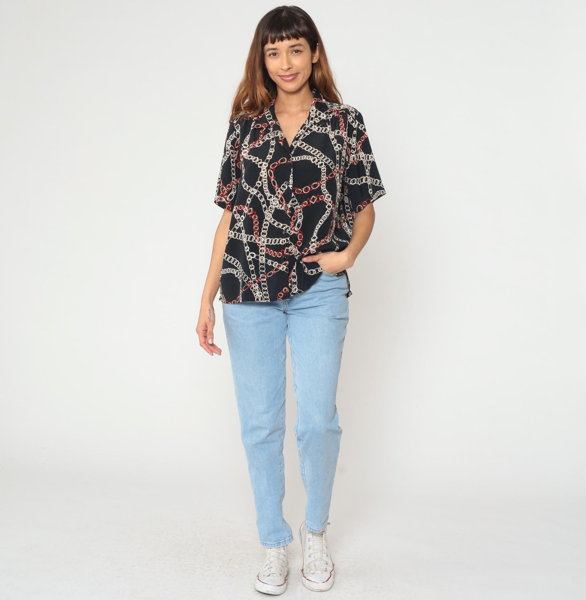 90s Donnkenny Chain Link Print Blouse Black White Red Short Sleeve Large L