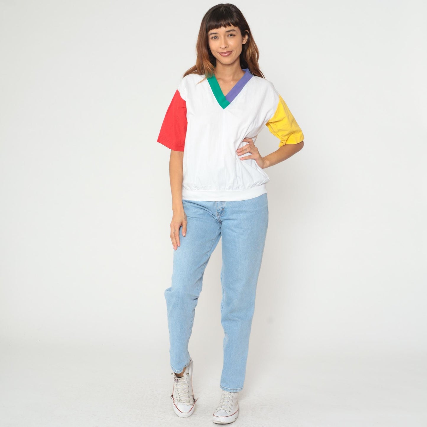 90s Colorblock Cotton V-Neck Shirt Yellow Red Purple Teal Medium M