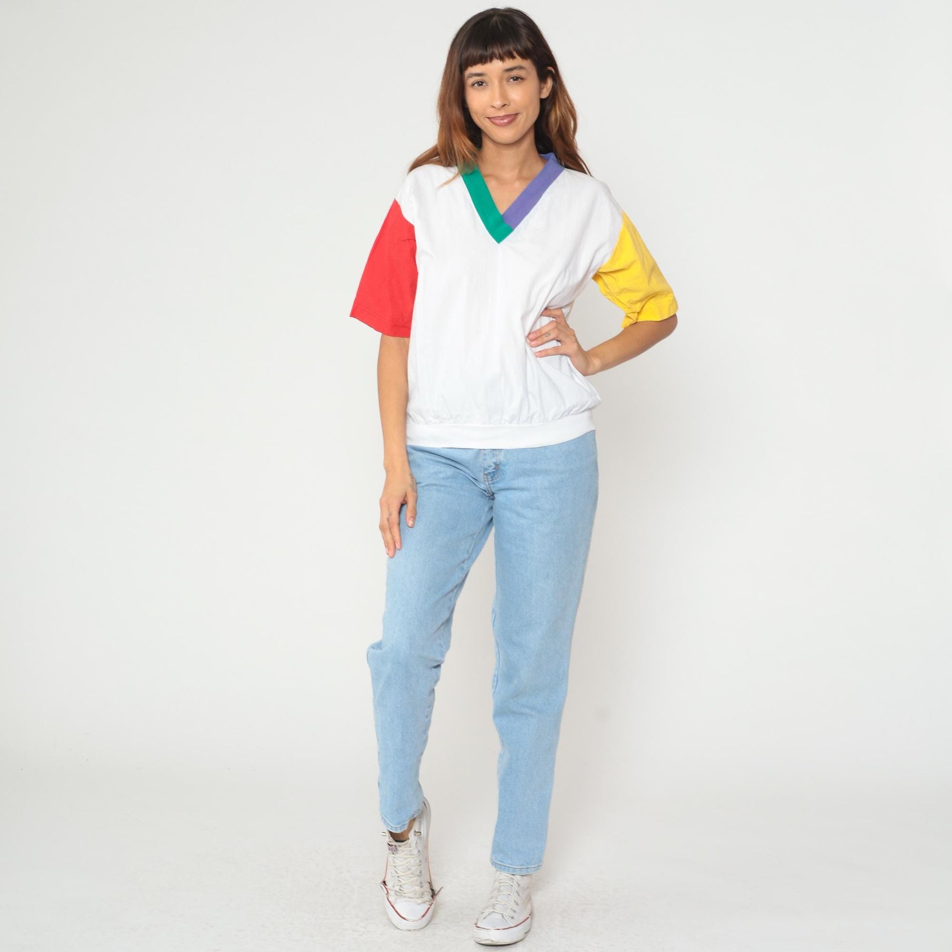 90s Colorblock Cotton V-Neck Shirt Yellow Red Purple Teal Medium M