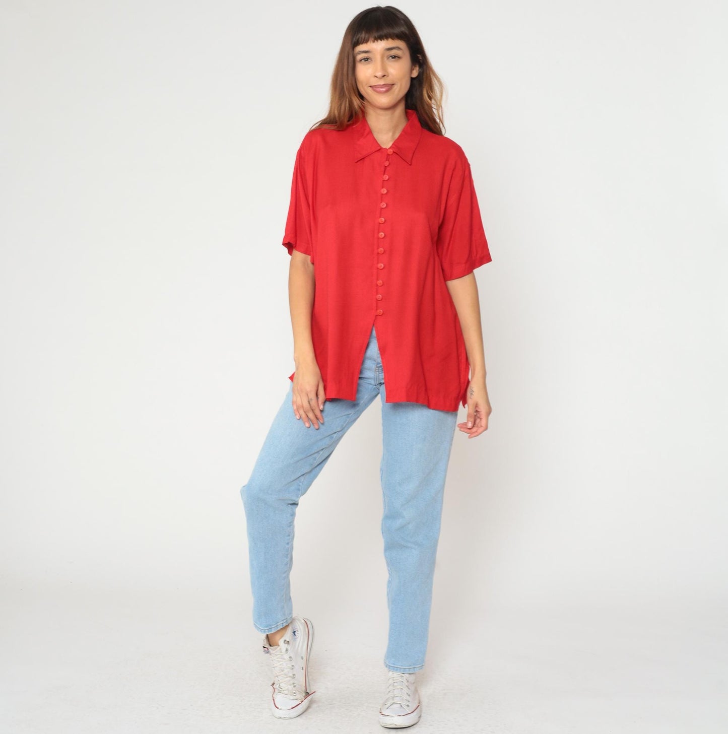 90s Rhythms Red Rayon Button-Up Shirt Pointed Collar Short Sleeve Medium M