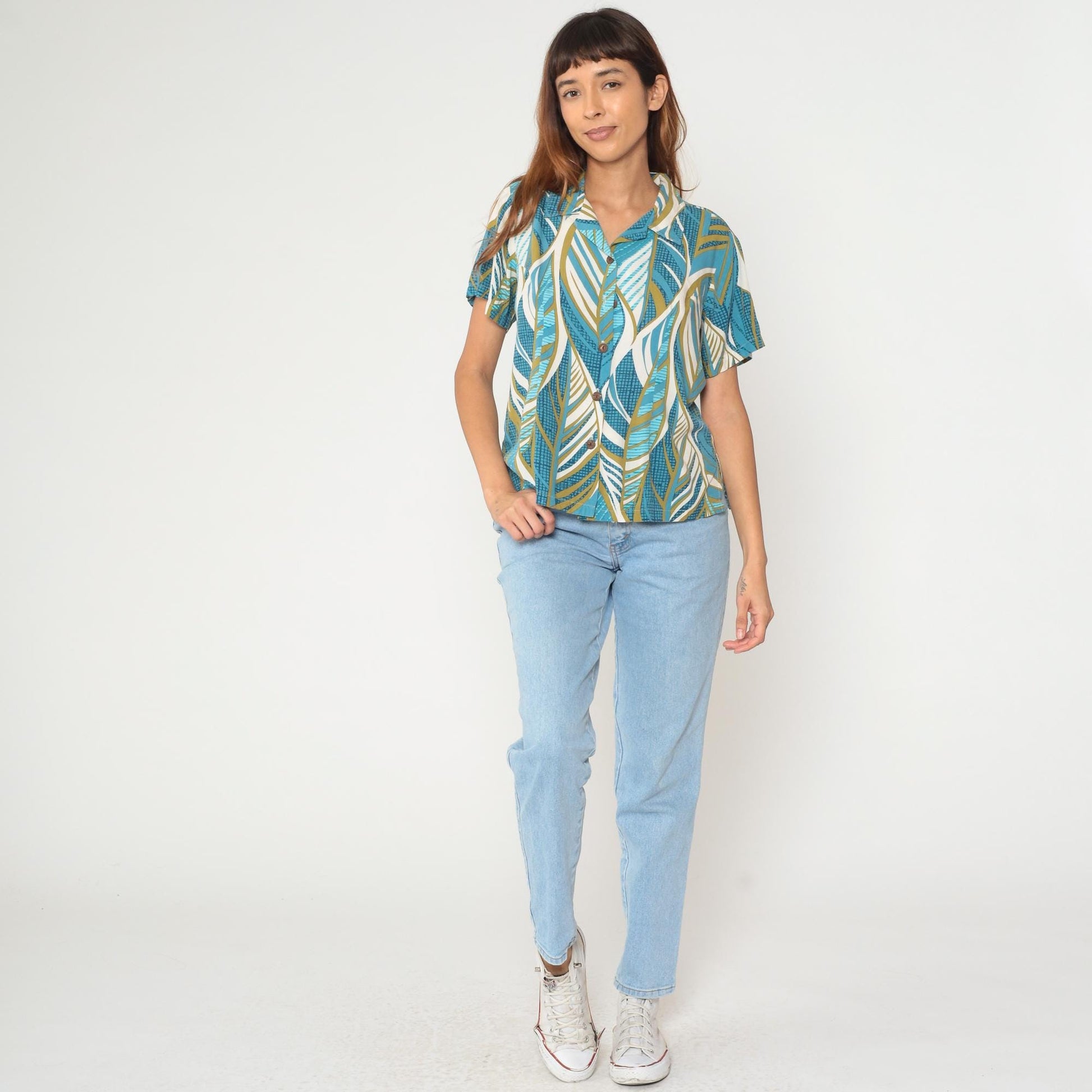 Y2K Hawaiian Shirt Aloha Hut Turquoise Palm Leaf Print Medium M
