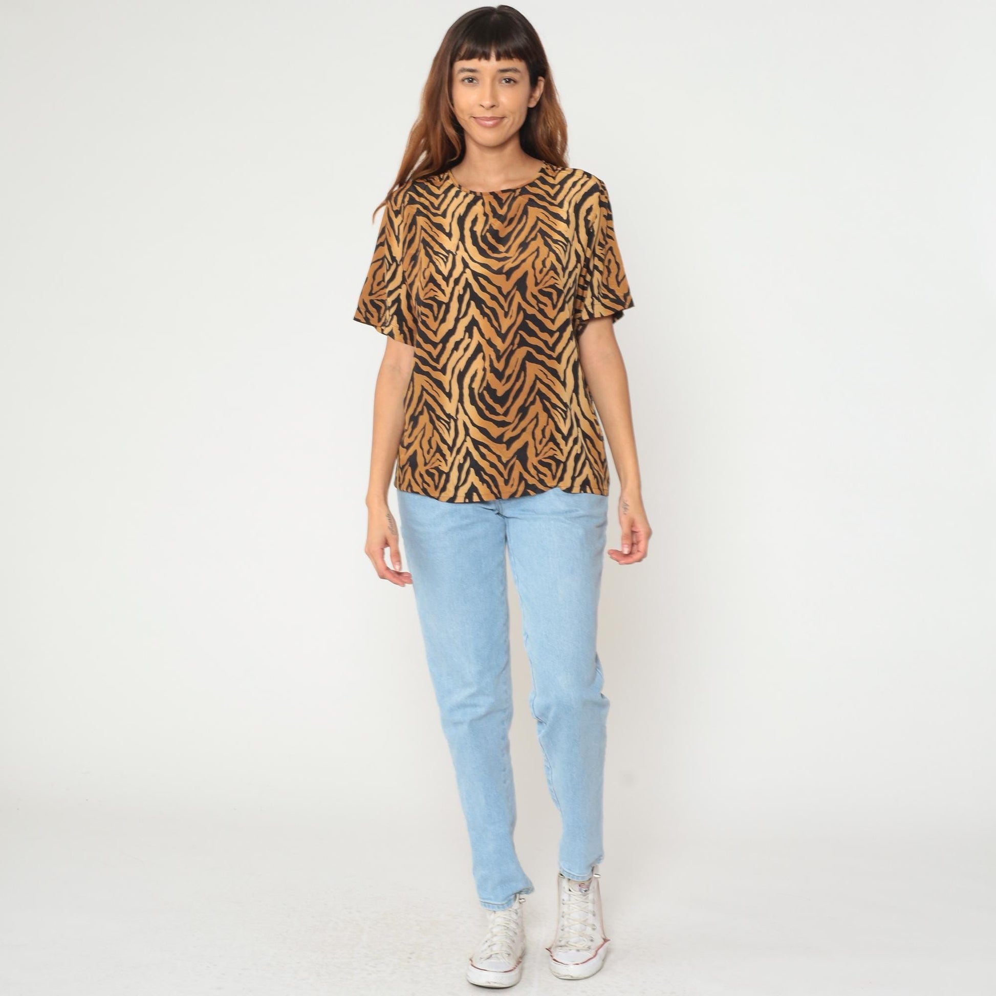 90s Kathie Lee Tiger Stripe Blouse Tan Black Short Sleeve Medium M