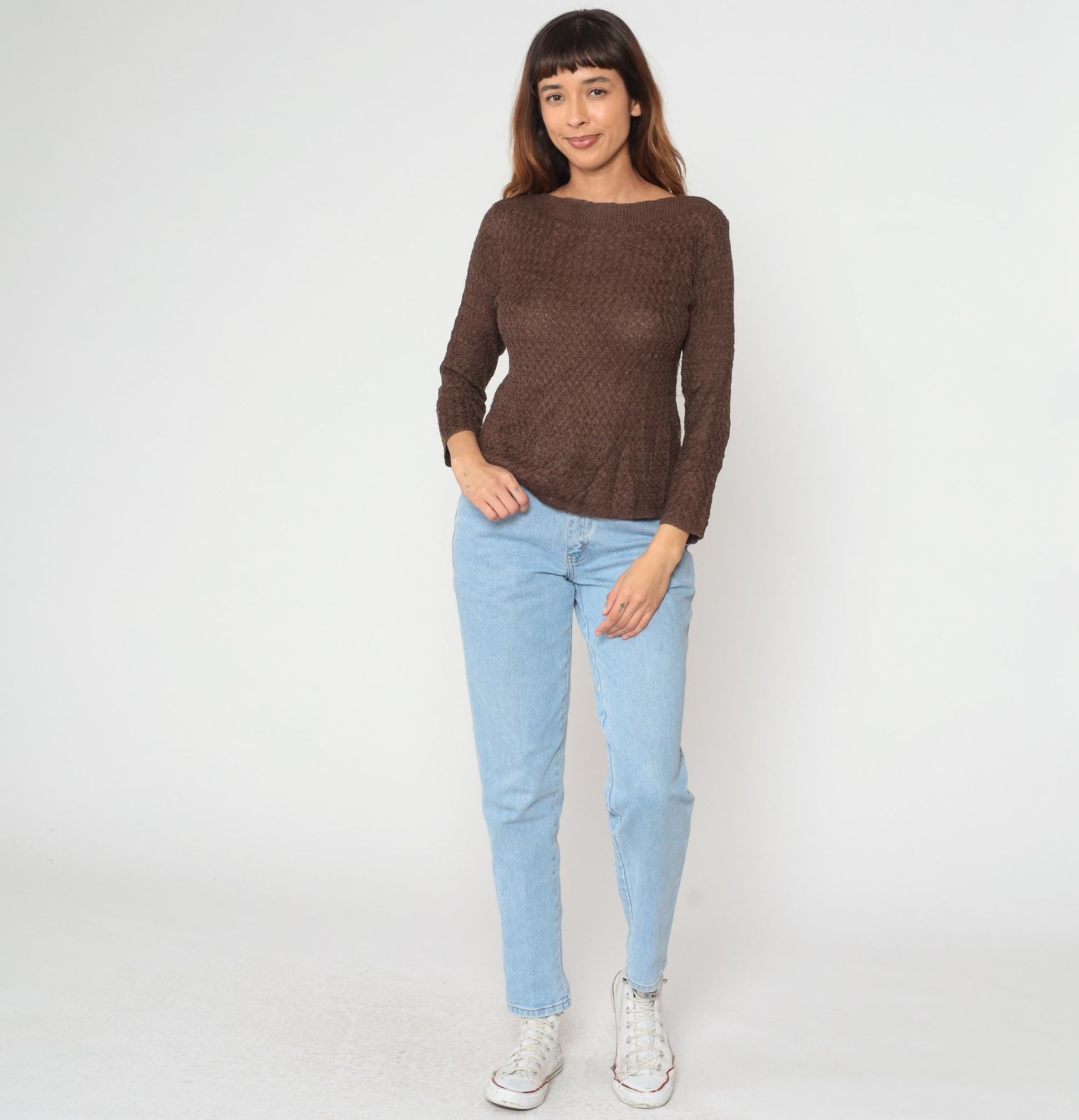 90s Brown Knit Sweater Boat Neck Coral Button Pullover Medium M