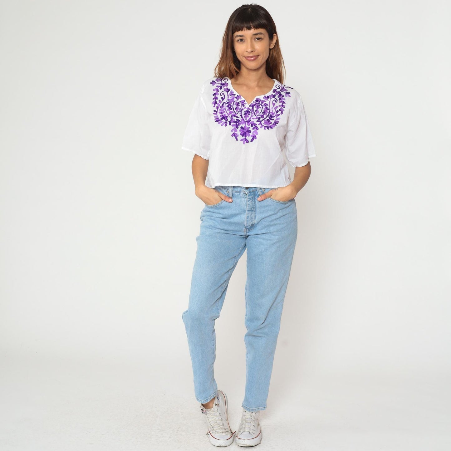 Y2K Mexican Embroidered Cotton Crop Top White Purple Floral Medium M