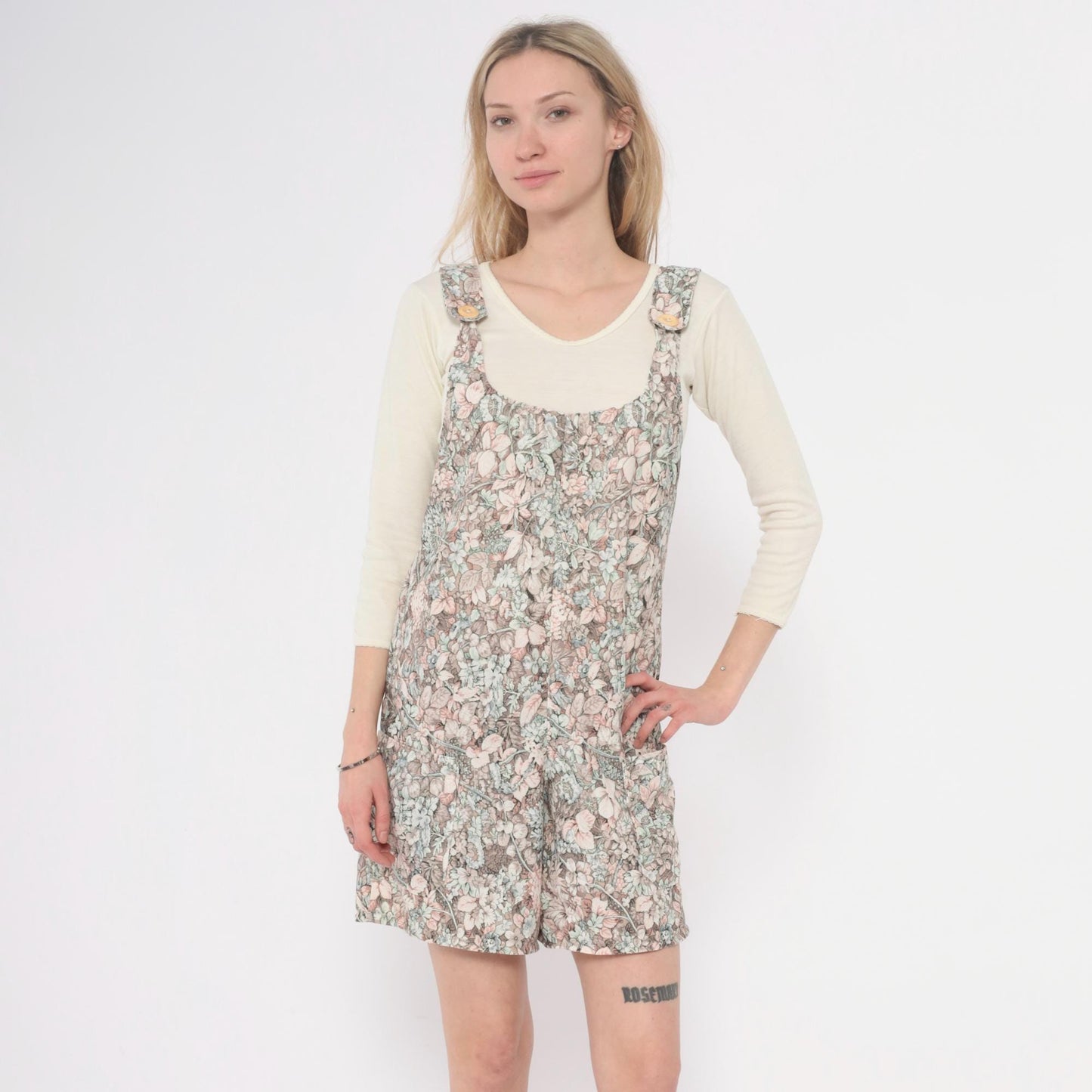 70s Floral Romper Pink Green Cream Scoop Neck Playsuit Small S