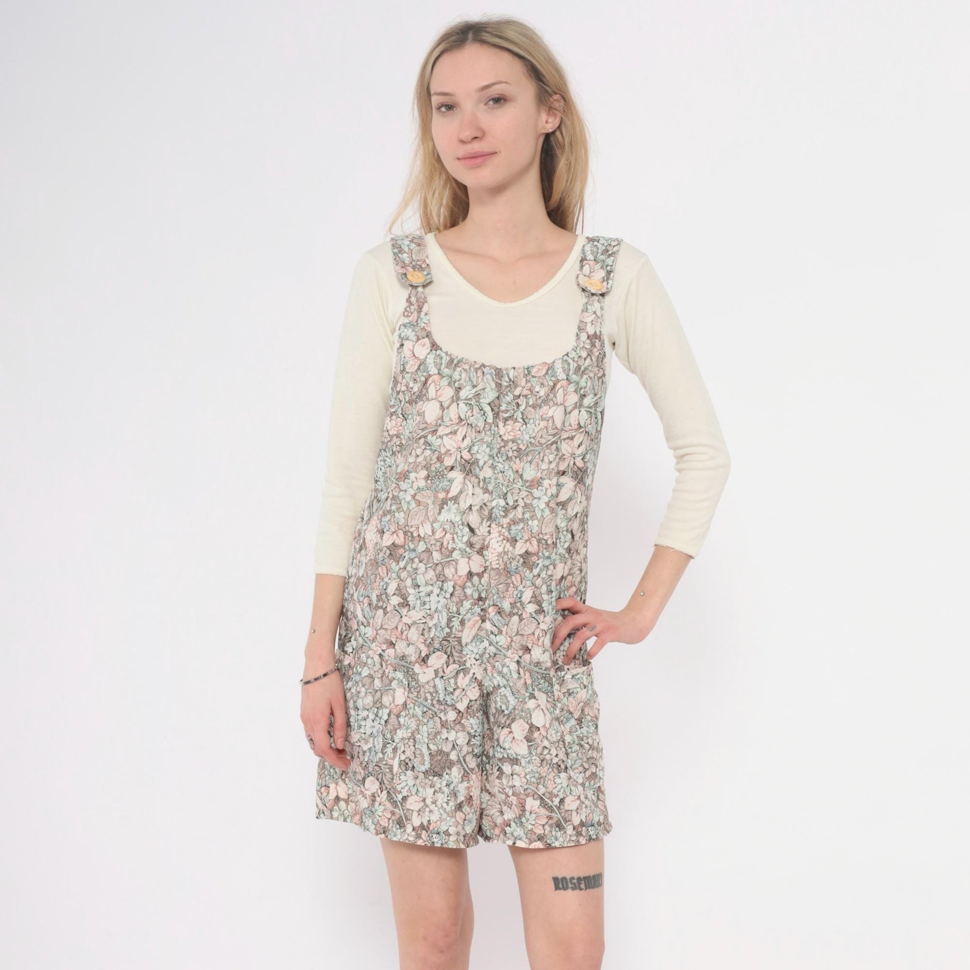 70s Floral Romper Pink Green Cream Scoop Neck Playsuit Small S