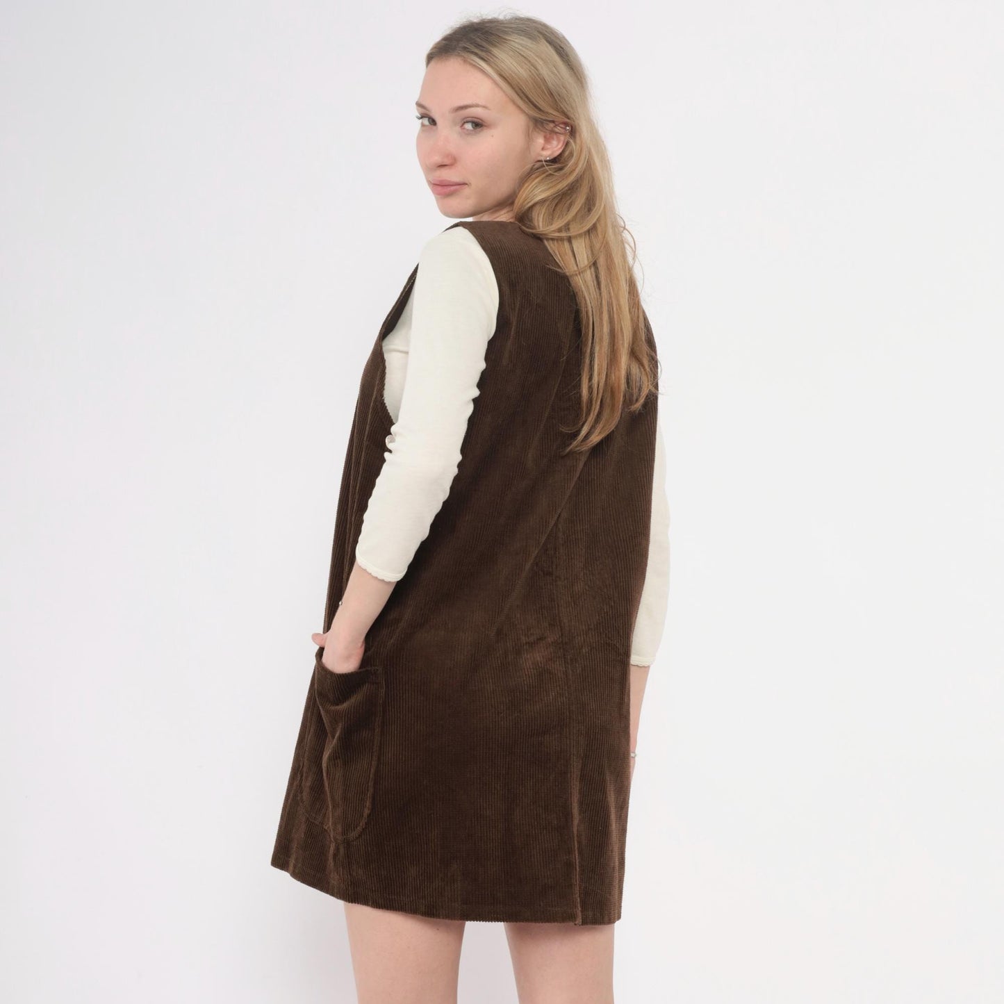 90s Brown Corduroy Jumper Dress Sleeveless V-Neck Shift Pinafore Small
