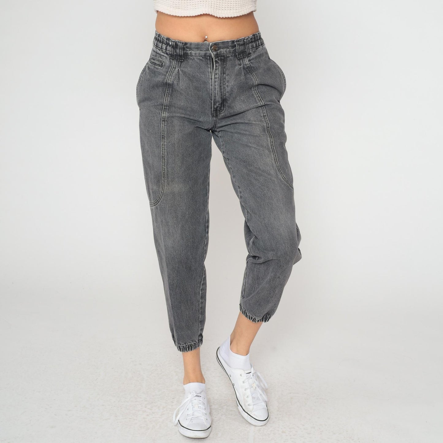 80s Apparatus Denim Joggers Gray Acid-Washed High-Waisted Tapered Ankle Cuff Medium