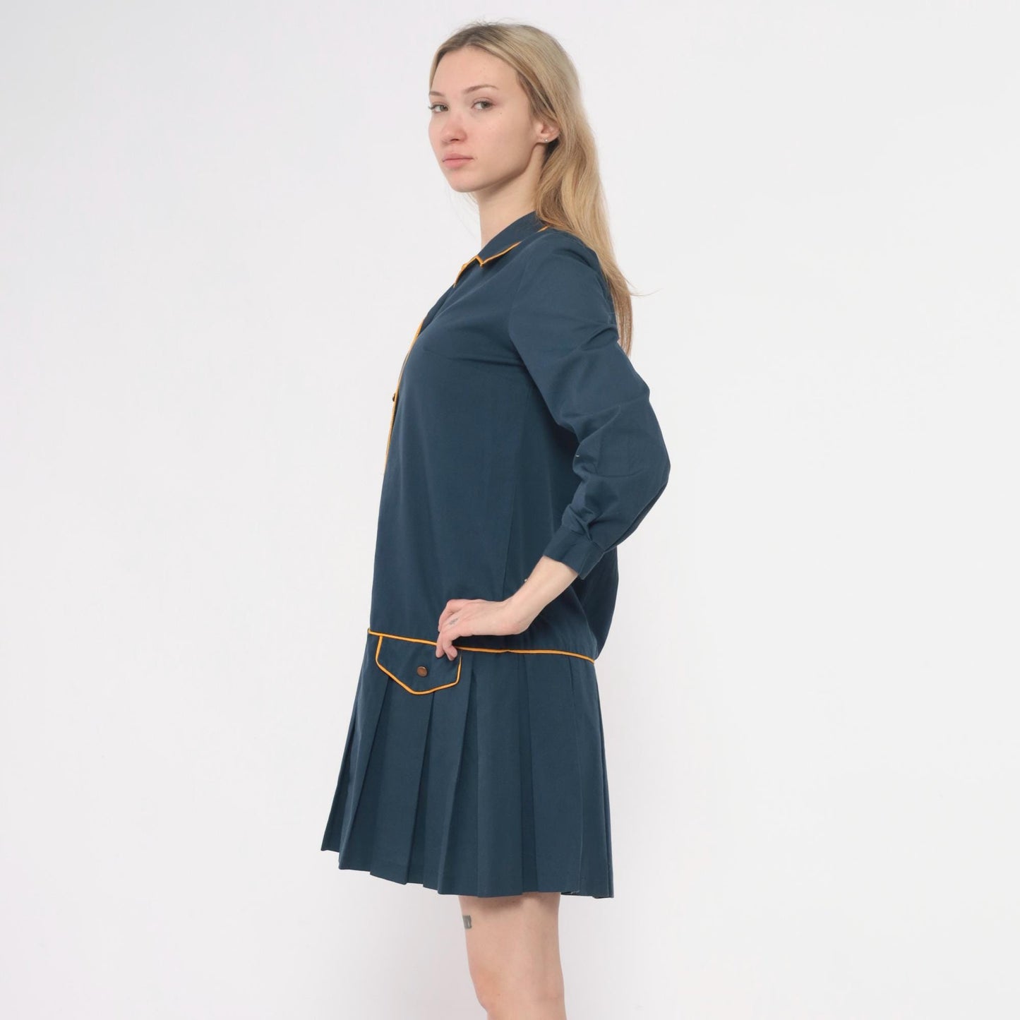 60s Navy Cotton Collared Drop Waist Dress Yellow Piping Pleated Small